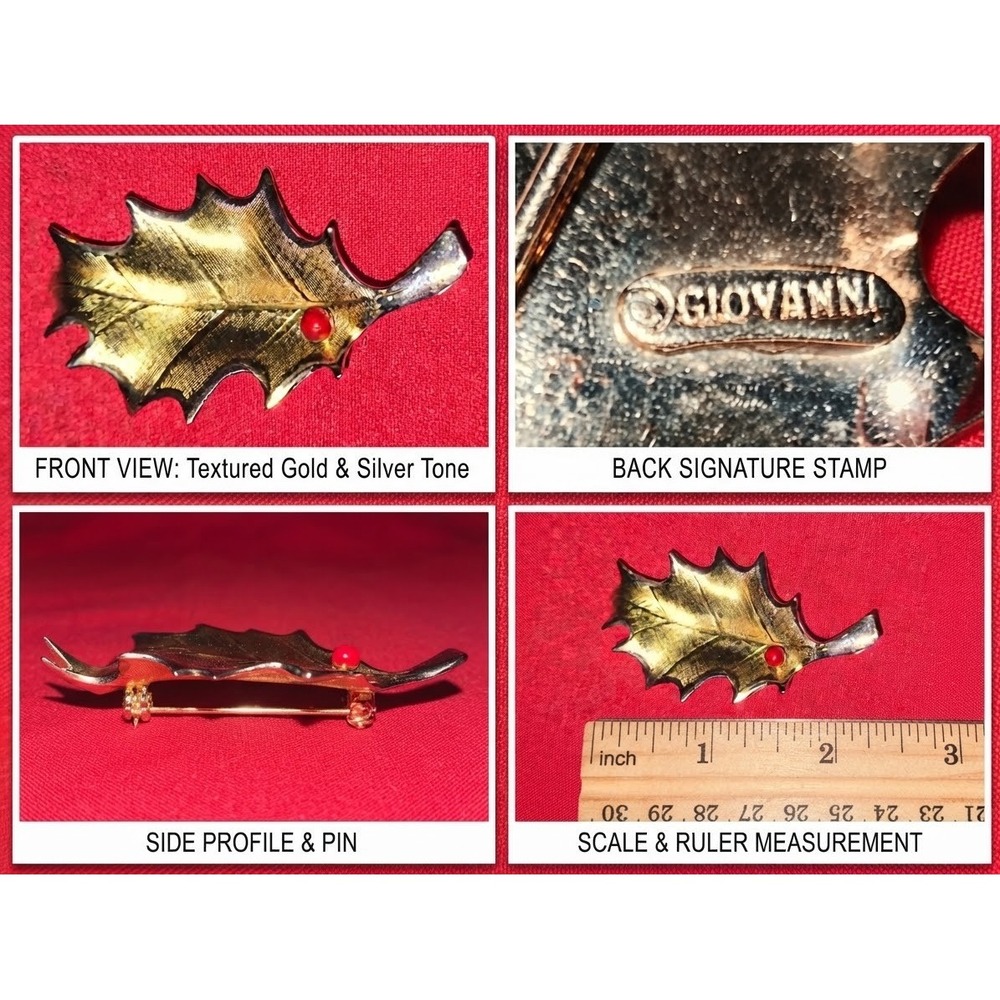 Vintage GIOVANNI Brooch Two Toned Gold/Silver Holly Leaf with Red Berry 60s/70s